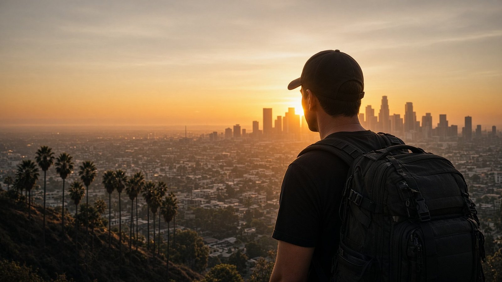 A documentary filmmaker overlooking a city skyline at sunrise
